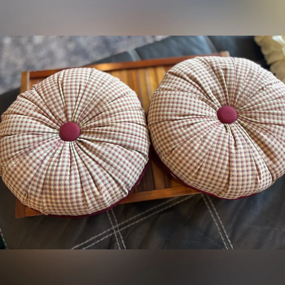 Vintage Plaid Checkered Tufted Throw Pillow Set with Piping Burgundy Cottage